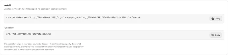 The install panel in Falorb's property settings, showing the generated script tag ready to copy.